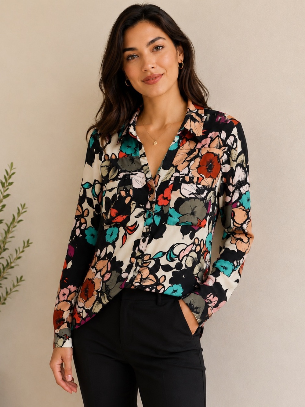 EXPRESS PORTIFINO Floral Blouse Medium Black Pink Teal Button Front Career Top